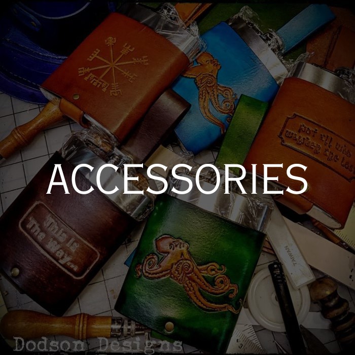 Several tooled flasks with the word "Accessories" overlaid. Link for accessories page.