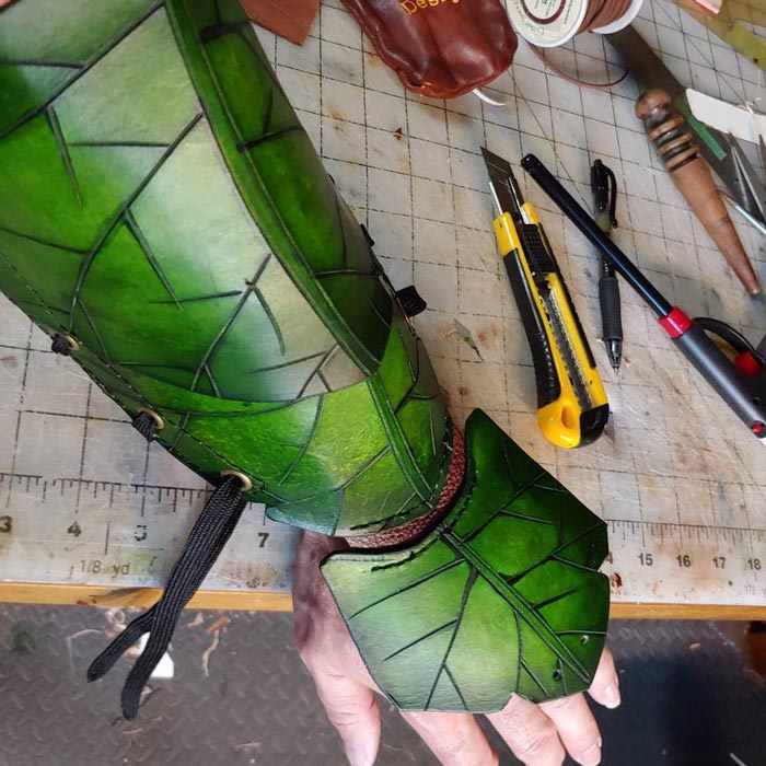 Green leaf leather bracer for cosplay.