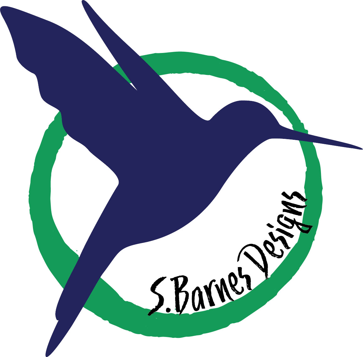 Logo for SBarnes Designs, Blue humming bird and a green imperfect circle behind it.